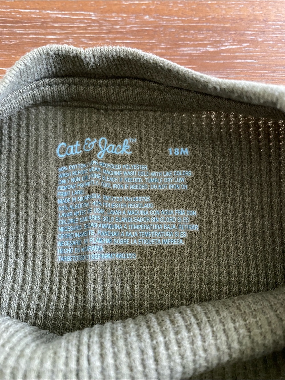 Cat & Jack 18 Month Olive Green Waffle Long Sleeve Tee - Picture 2 of 2